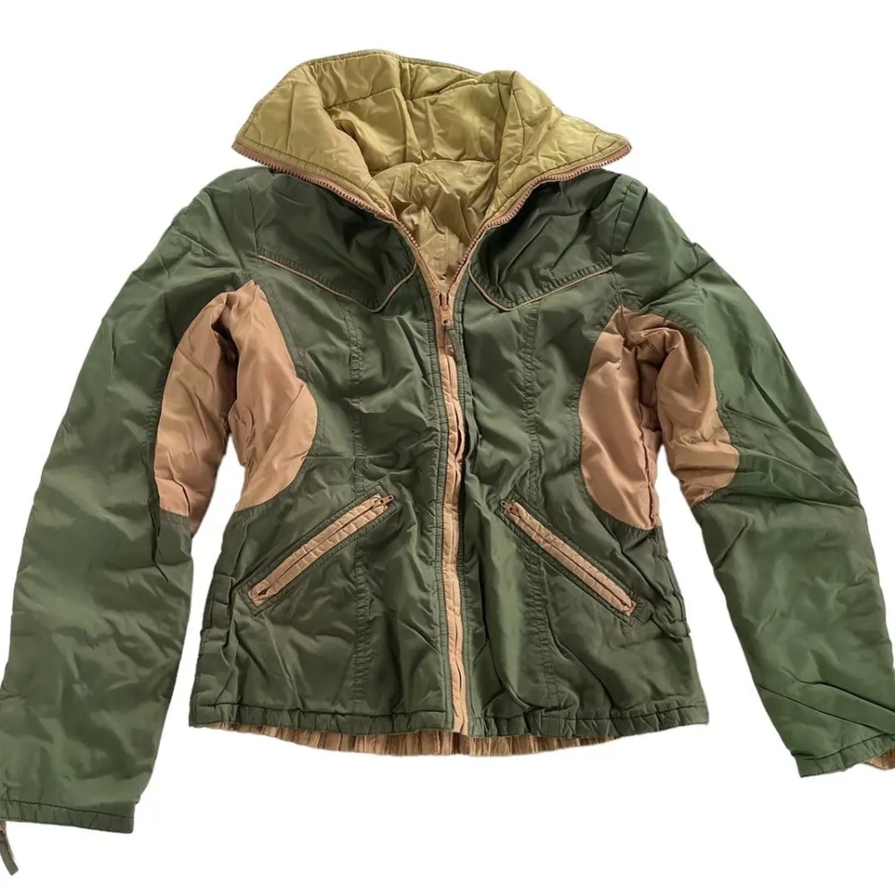 Mng - Mango Equestrian Style Zip-Up Reversible Jacket | Green & Tan | Medium